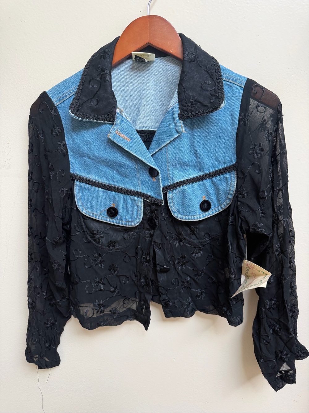 NWT Vintage 80’s Black Sheer Embroidered Jacket with Blue Denim Yoke